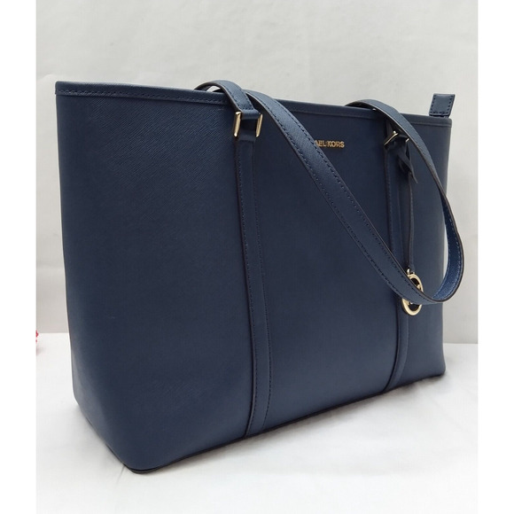 Michael Kors Navy Blue Leather Double Handles Zipper Closure Tote Shoulder Bag - Picture 4 of 16